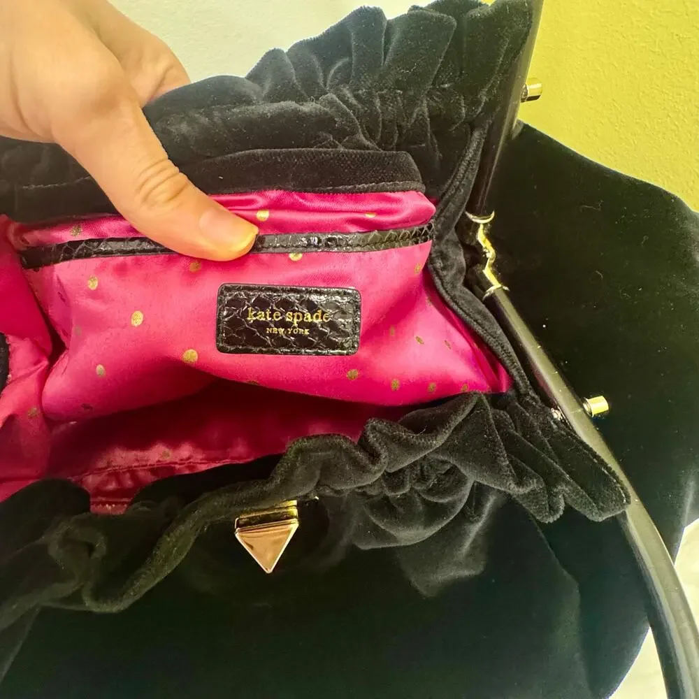 Kate Spade Maya Wood Handle Black Velvet Purse Handbag Turnlock Classic